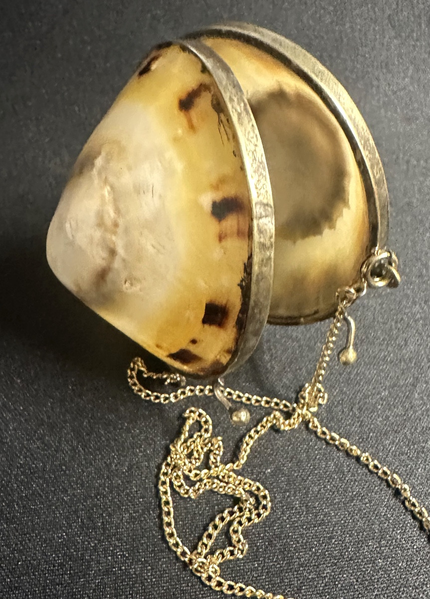 Antique Shell Box Necklace With Unmarked Silver Clasp And 20th Century Gold Chain-photo-1
