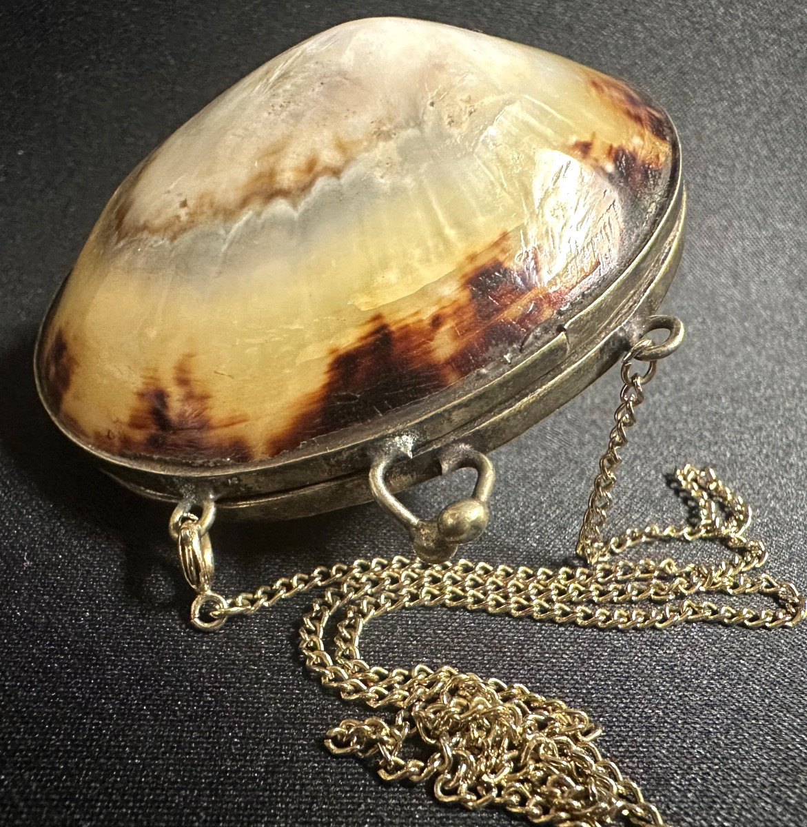 Antique Shell Box Necklace With Unmarked Silver Clasp And 20th Century Gold Chain