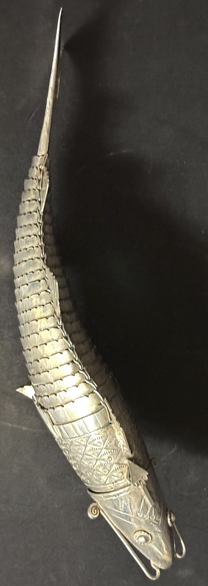 Ancien grand poisson articulé boîte en argent 23cm judaica en très bon état-photo-5