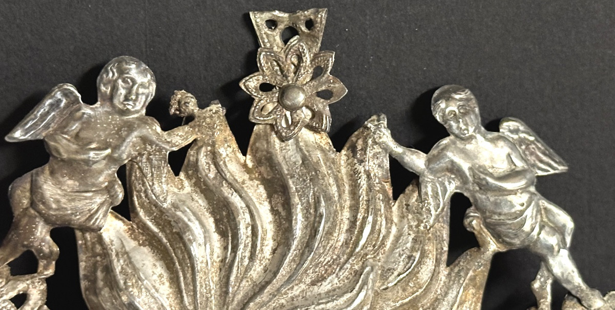 Grand EX VOTO cœur anges 22,7cm en argent non poinçonné amour St Valentin couronne-photo-4