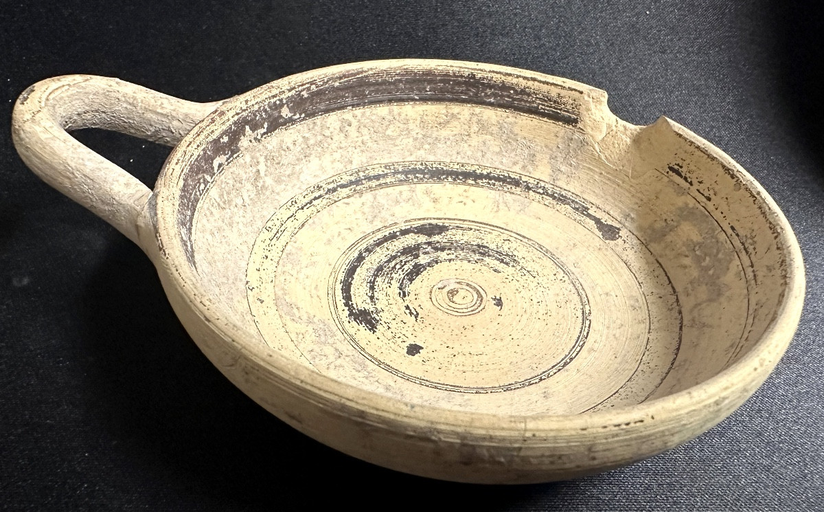 Archaeology Brown Glazed Bowl With Handle, 4th Century Bc, Roman Italy Archeo -photo-3