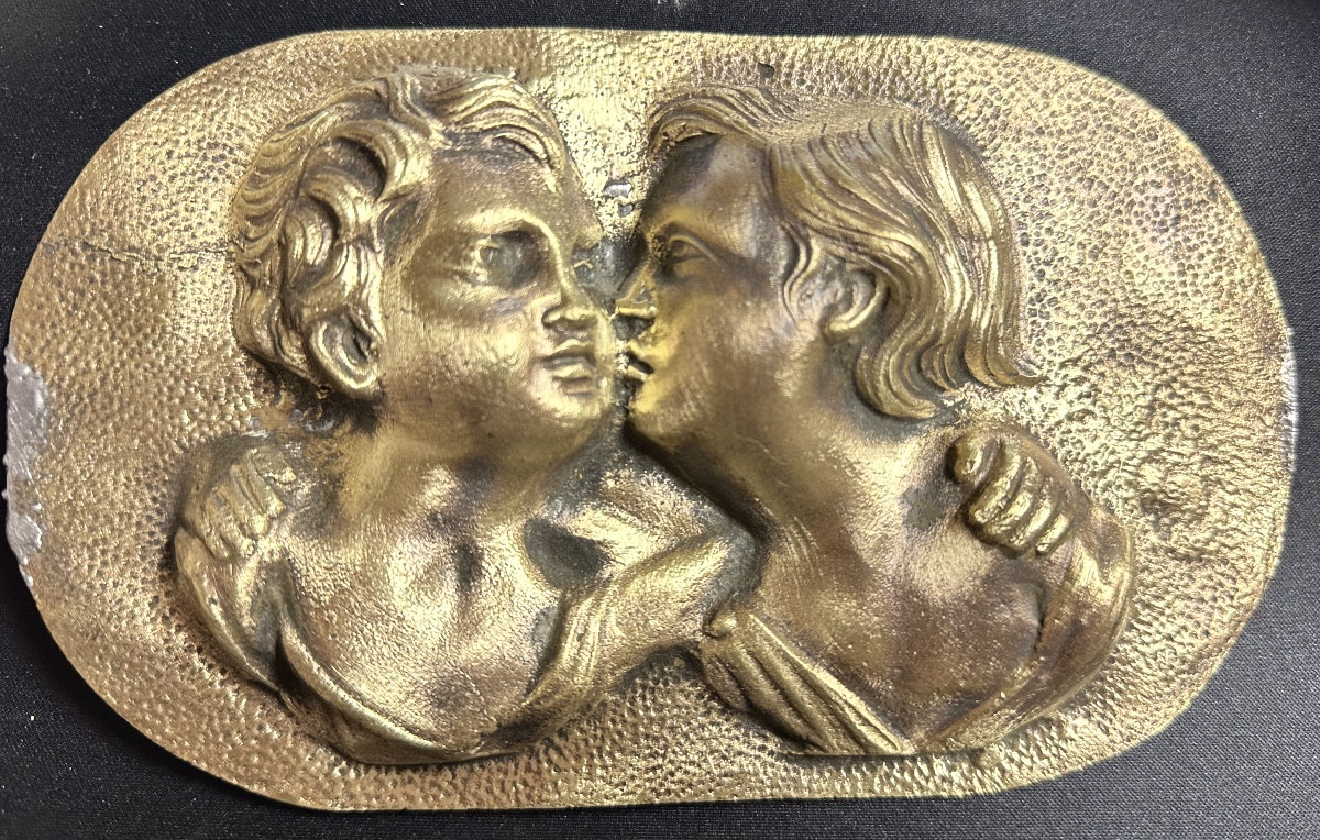 Old Bronze Plaque Decorated With 2 Cherubs Embracing Boys In High Relief