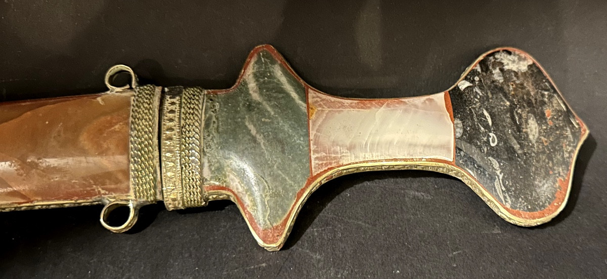 Antique Yemeni Jambiya Dagger In Low-grade Silver And Arabian Steel Hard Stones-photo-3