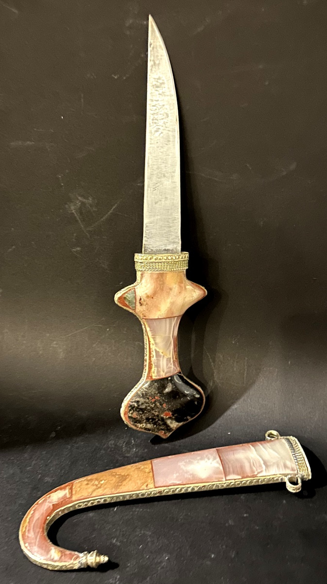 Antique Yemeni Jambiya Dagger In Low-grade Silver And Arabian Steel Hard Stones-photo-5