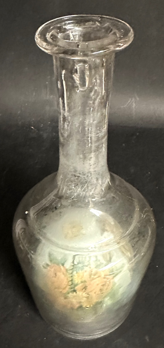 Carafe creuse  XIXe à décor intérieur peint Flacon bouteille en verre soufflé curiosité -photo-2
