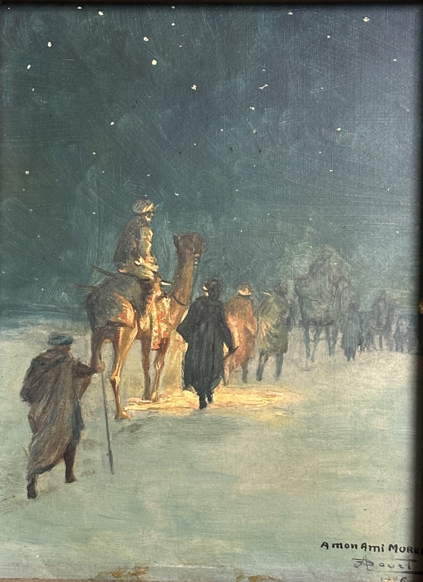 Alphonse BOUET XIX-XXe Huile caravane dans le désert ou les rois mages orientalisme 1926-photo-2