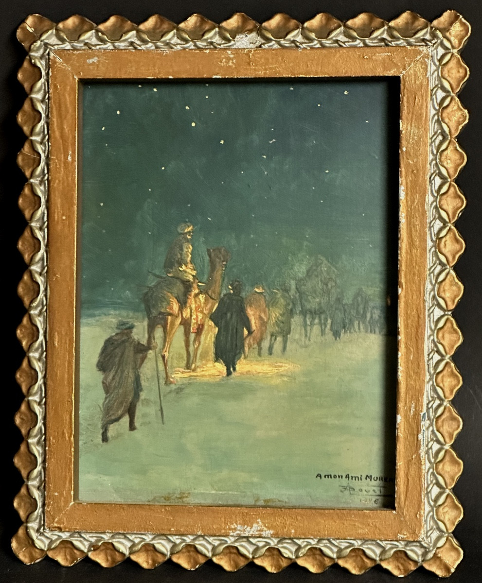 Alphonse BOUET XIX-XXe Huile caravane dans le désert ou les rois mages orientalisme 1926