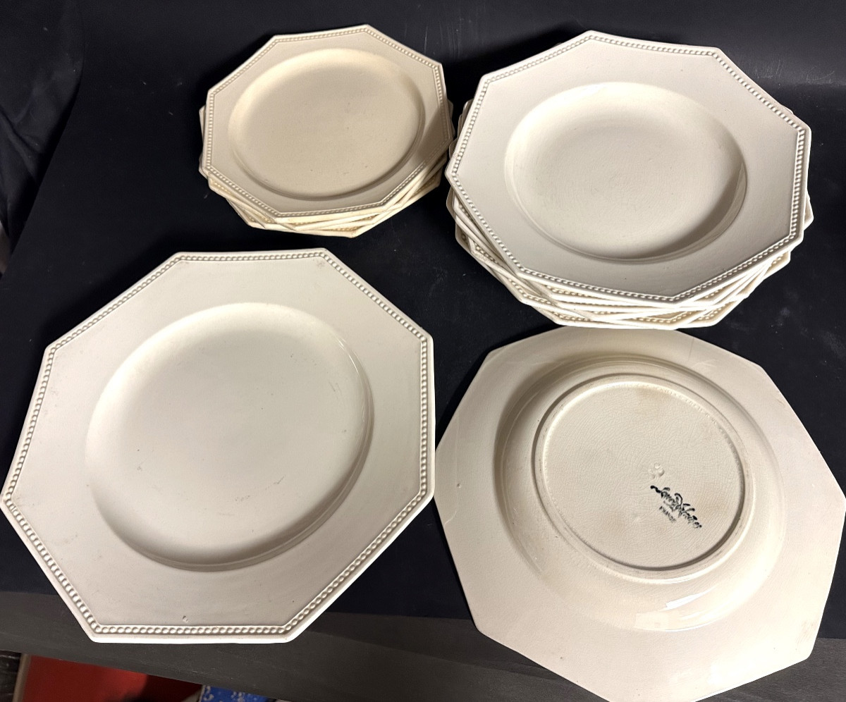 Montereau And Sarreguemines 11 (+1) Plates 19th Century Octagonal Perles Model Signed -photo-2