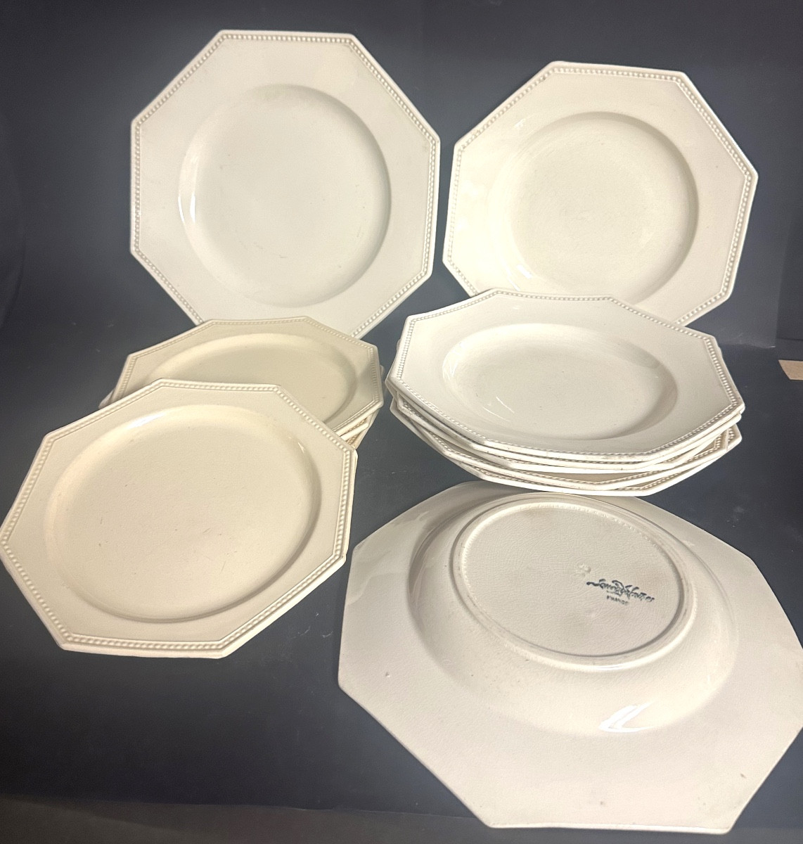 Montereau And Sarreguemines 11 (+1) Plates 19th Century Octagonal Perles Model Signed 