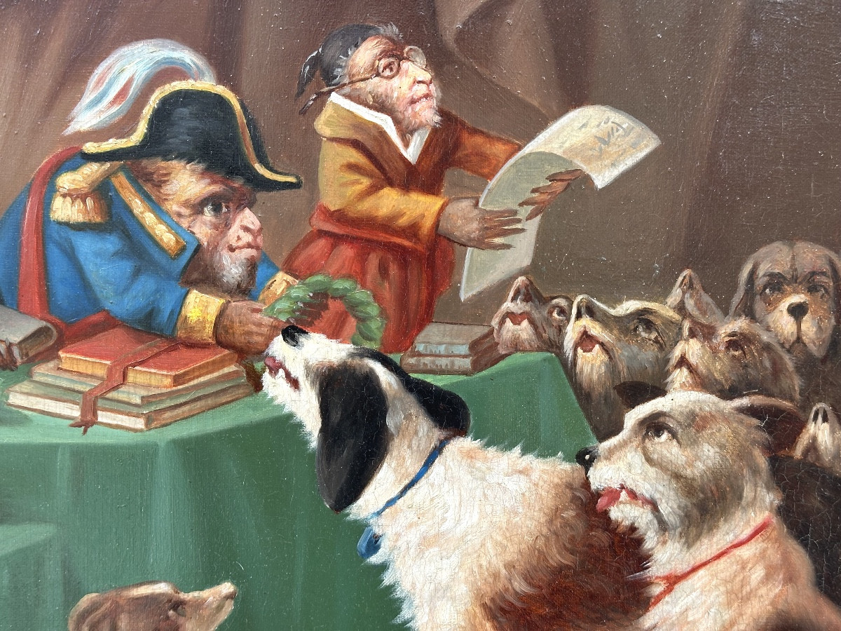 Large 19th Century Oil Painting Monkeys Distributing Prizes To Dogs Signed Dated 1899 Crown /1-photo-2