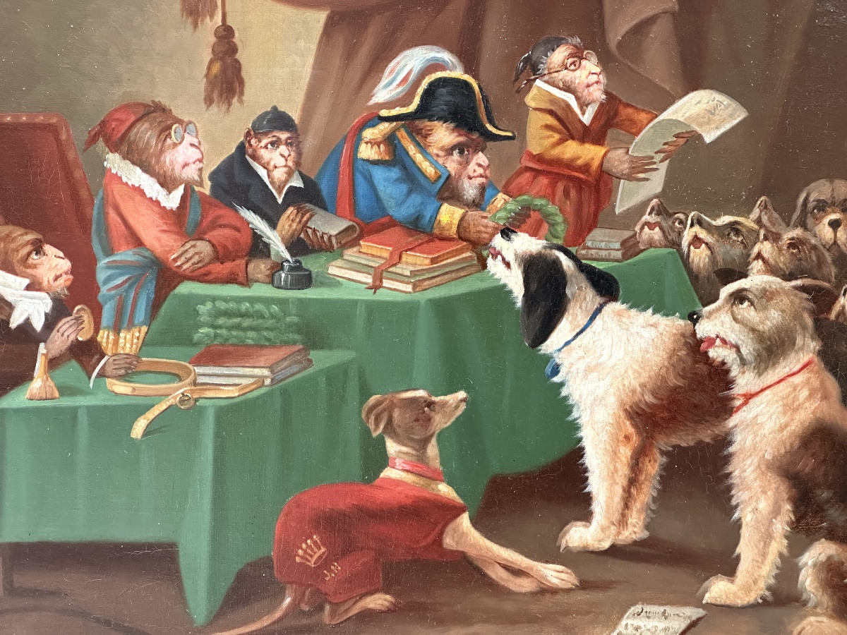 Large 19th Century Oil Painting Monkeys Distributing Prizes To Dogs Signed Dated 1899 Crown /1-photo-3
