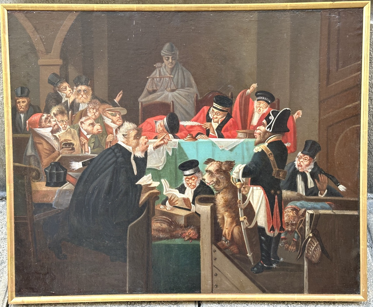Large 19th Century Oil Painting Monkeys Distributing Prizes To Dogs Signed Dated 1899 Crown /1-photo-4
