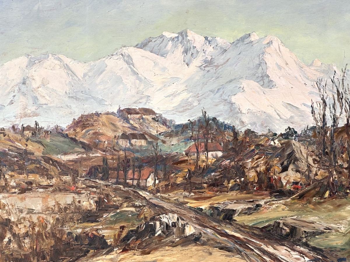 Francis CARIFFA 1890-1975 Grande huile Mont Granier et Alpes enneigées 1938 Savoie-photo-2