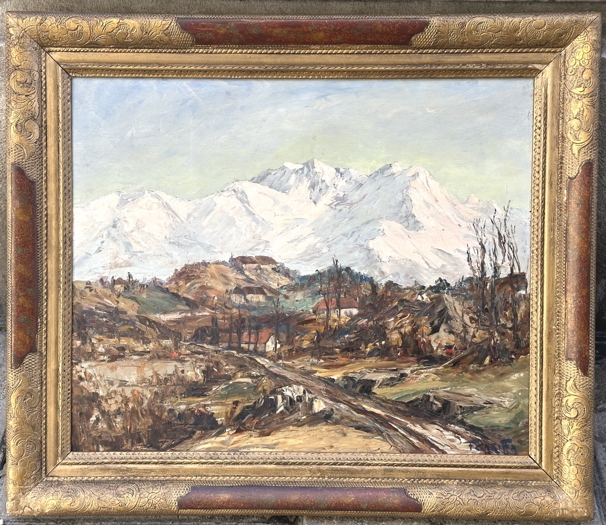 Francis CARIFFA 1890-1975 Grande huile Mont Granier et Alpes enneigées 1938 Savoie