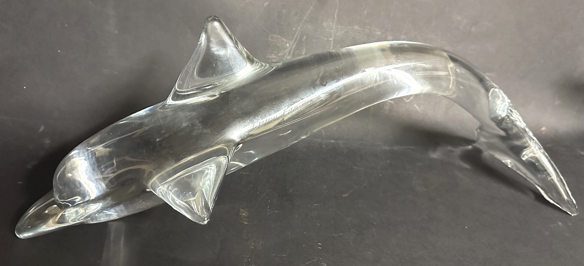 Daum Very Large Dolphin Sculpture 55cm In Signed Crystal-photo-2