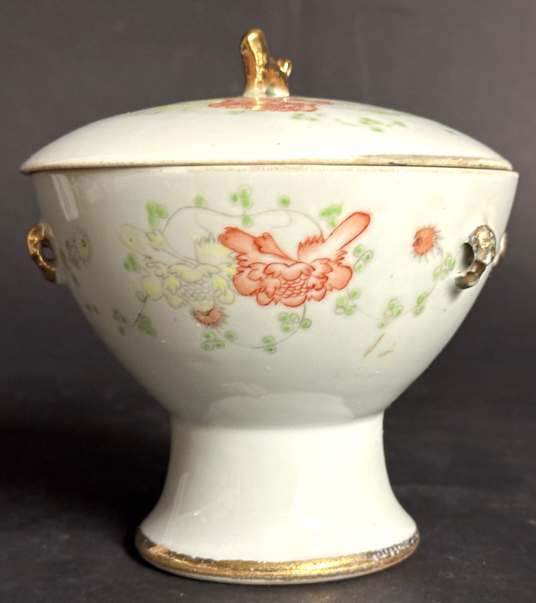 CHINE Ancien pot couvert en porcelaine Calligraphié Réchaud à talon haut fleur En très bon état-photo-2