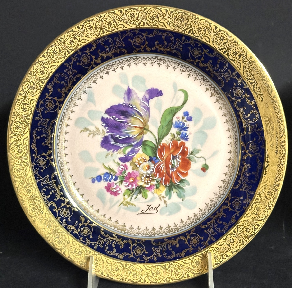 Paire d’assiettes porcelaine fine Décor floral signé Limoges vers 1950-photo-2