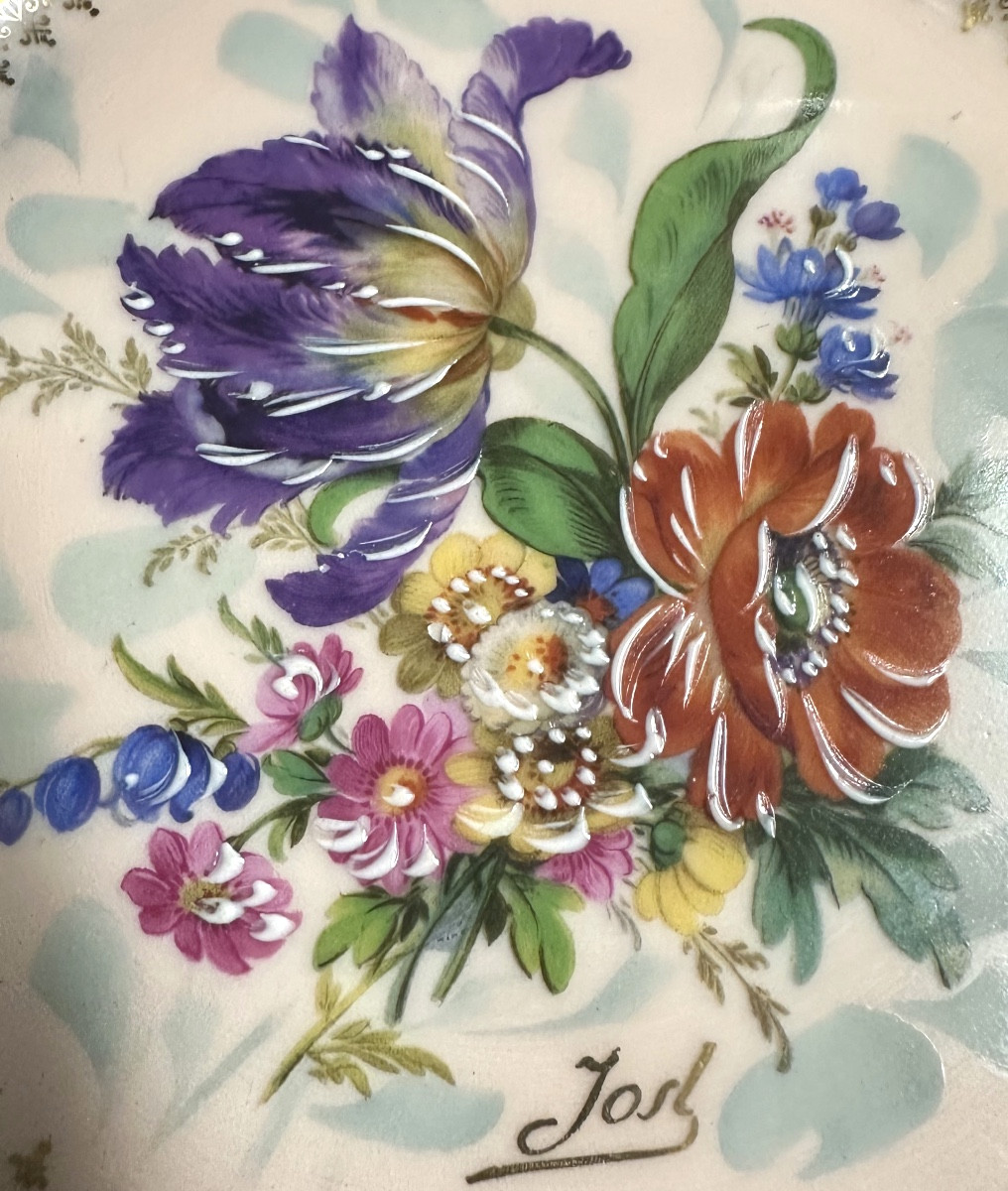Paire d’assiettes porcelaine fine Décor floral signé Limoges vers 1950-photo-5