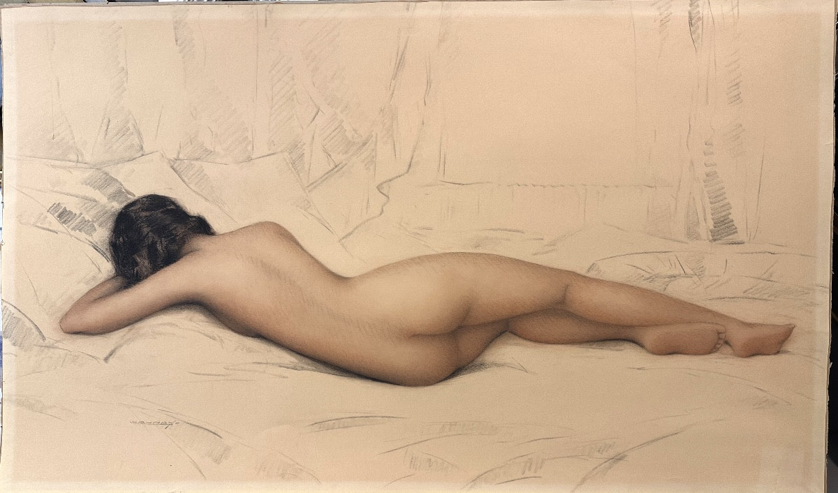 Henri LAUNAY XXe Grand pastel 98cm signé Jeune femme nue allongée -photo-2