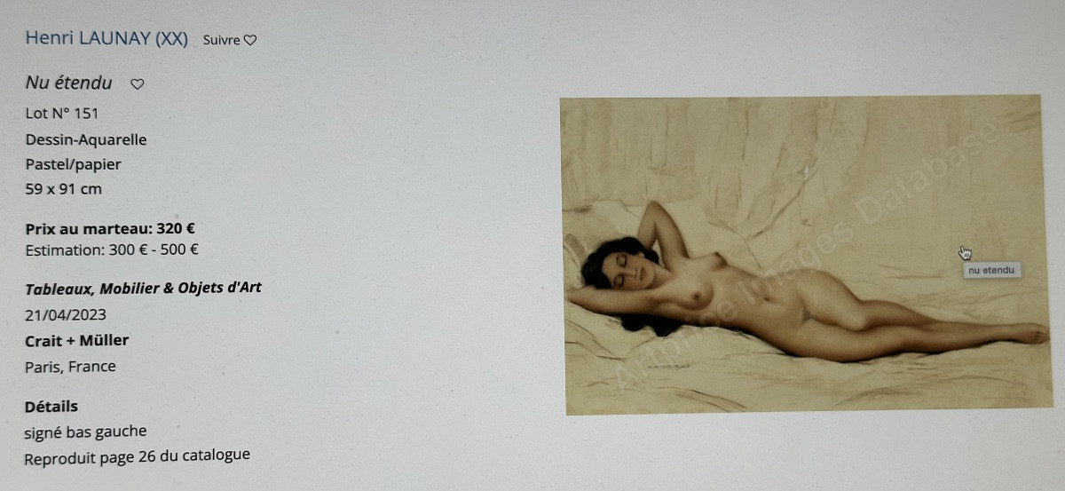 Henri LAUNAY XXe Grand pastel 98cm signé Jeune femme nue allongée -photo-4
