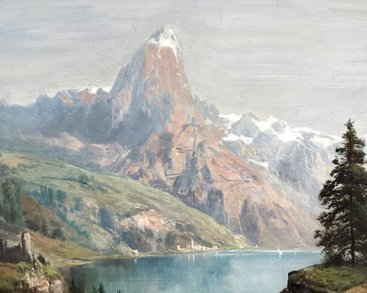 Théodore LEVIGNE 1848-1912 GRANDE huile Cervin et lac de montagne animé Alpes Suisse Lyon -photo-3