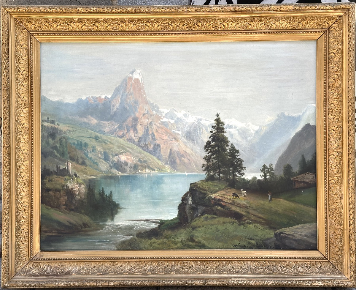 Théodore LEVIGNE 1848-1912 GRANDE huile Cervin et lac de montagne animé Alpes Suisse Lyon 