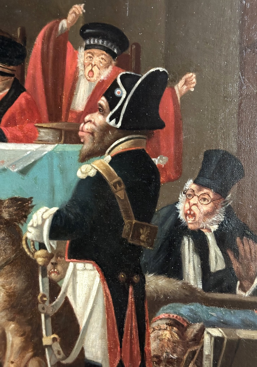 Grande huile XIXe Singerie Chien devant un tribunal de singes 1899 /2-photo-2