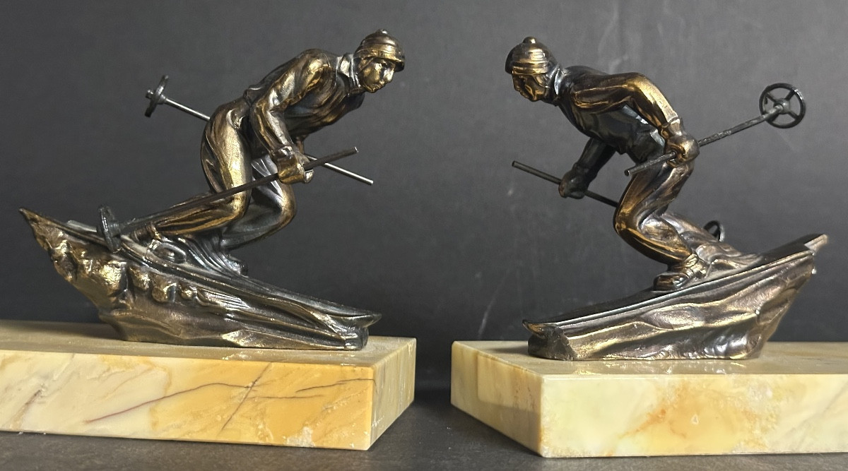 Paire de serres livres Skieurs Art Deco en très bon état ski montagne Alpes-photo-2