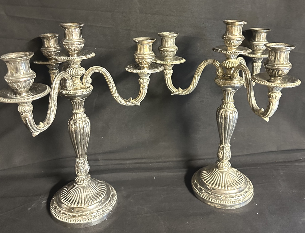 Paire de candélabres en métal argenté à 4 feux Style Louis XVI début XXe -photo-2