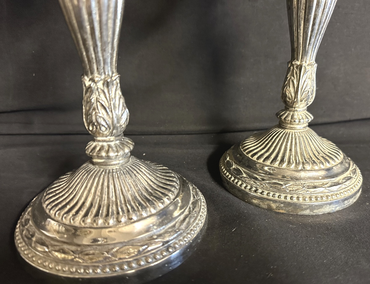 Paire de candélabres en métal argenté à 4 feux Style Louis XVI début XXe -photo-3