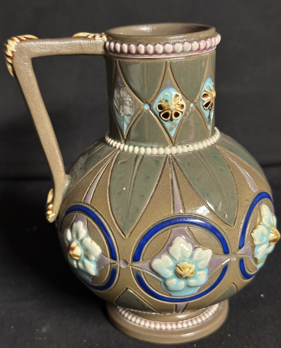 Sarreguemines Rare 19th Century Pitcher In Polychrome Enamelled Stoneware-photo-2