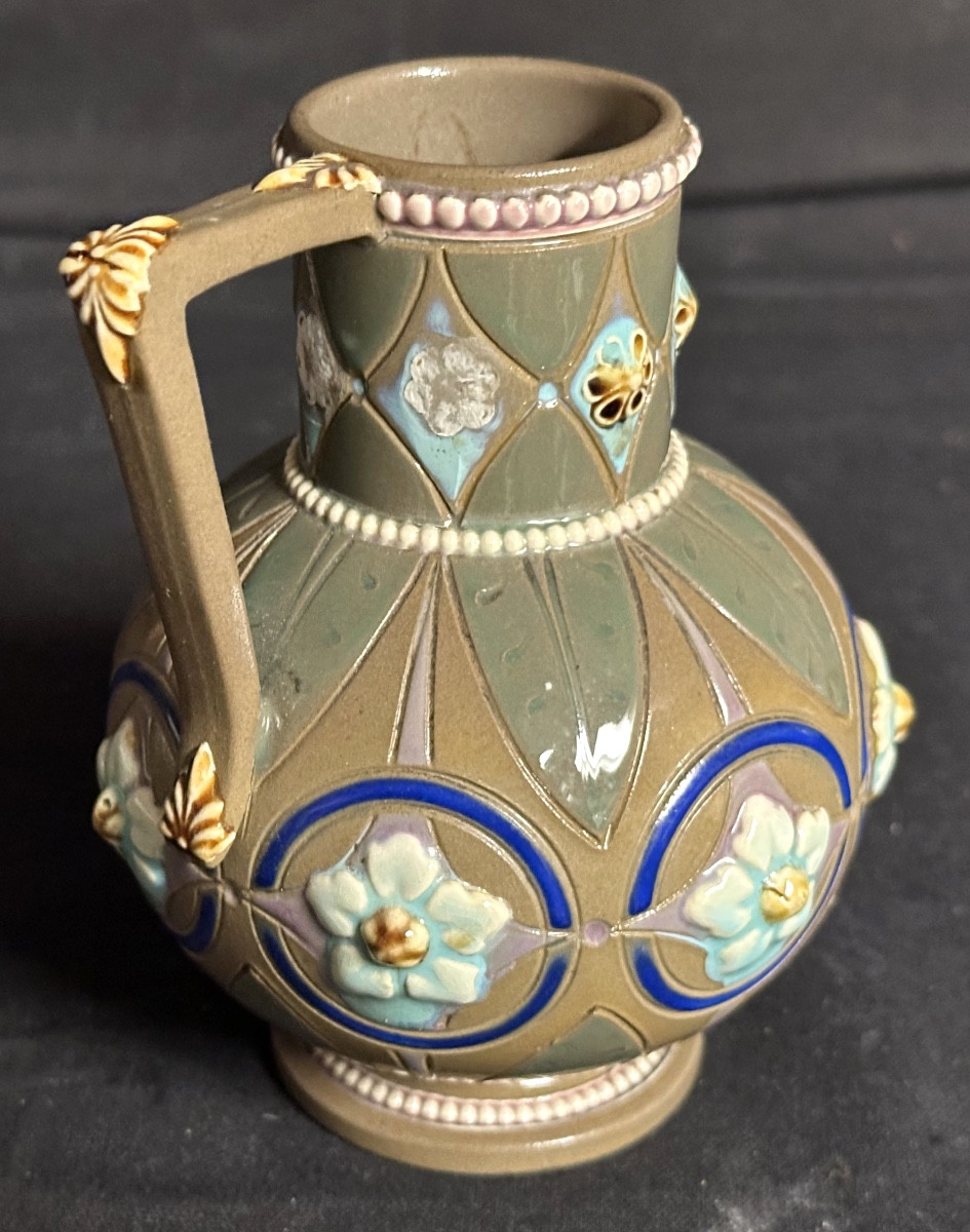 Sarreguemines Rare 19th Century Pitcher In Polychrome Enamelled Stoneware-photo-3