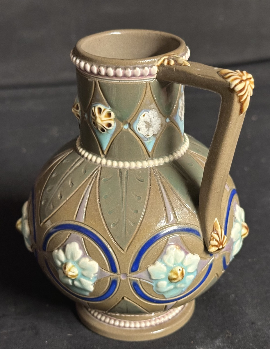 Sarreguemines Rare 19th Century Pitcher In Polychrome Enamelled Stoneware-photo-4