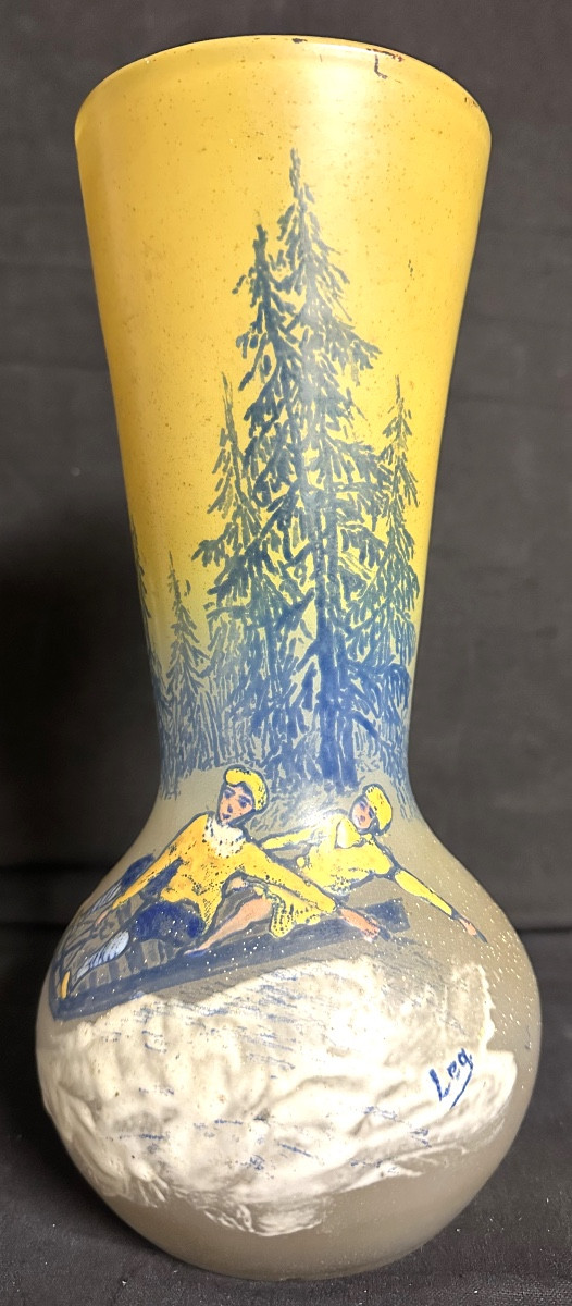 Rare Legras Bobsleigh Vase Signed In Enameled Glass Snow Sled Mountain Alps /1