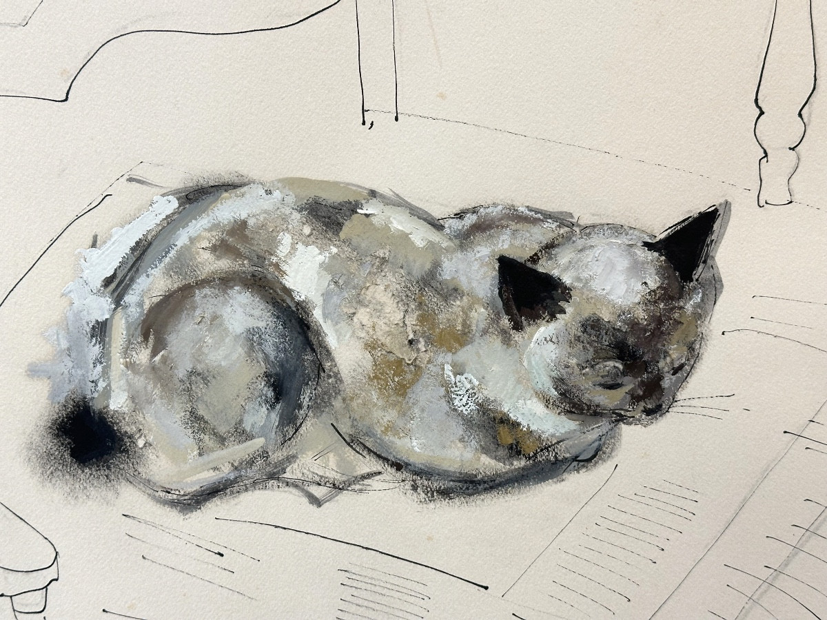 émile Grau Sala 1911-1975 Large Gouache And Ink Cat On An Armchair 1958 -photo-2