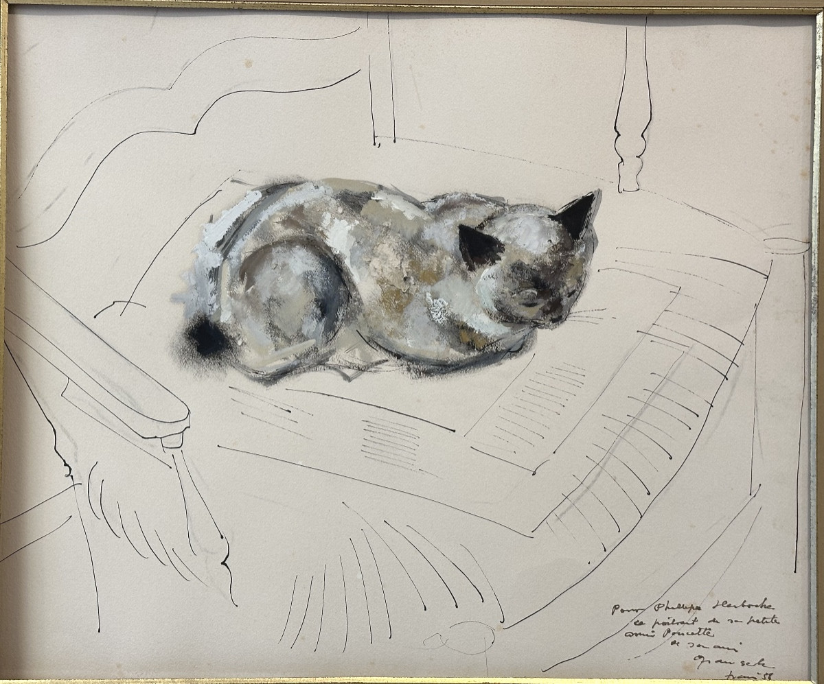 émile Grau Sala 1911-1975 Large Gouache And Ink Cat On An Armchair 1958 