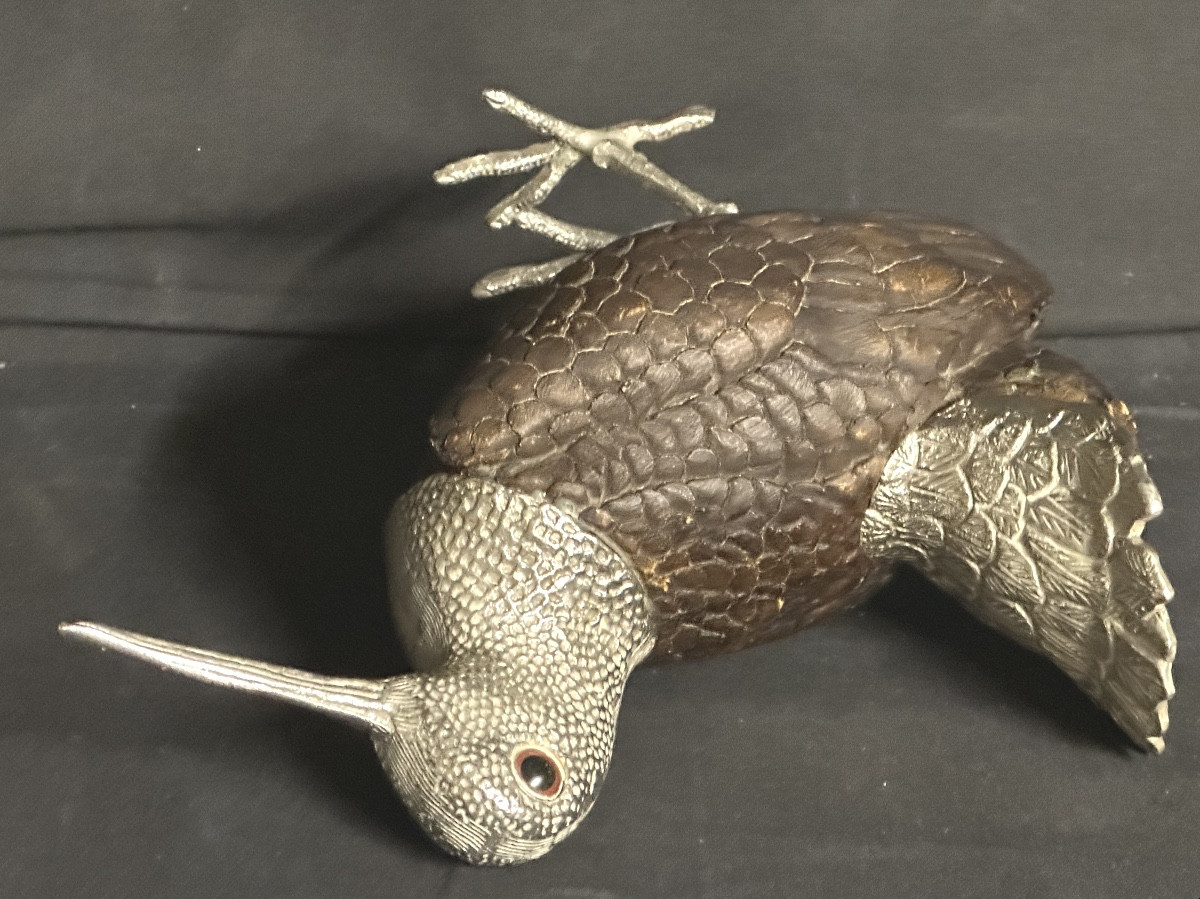 Elli MALEVOLTI XXe Bécasse en métal chromé, résine et verre Chasse-photo-1