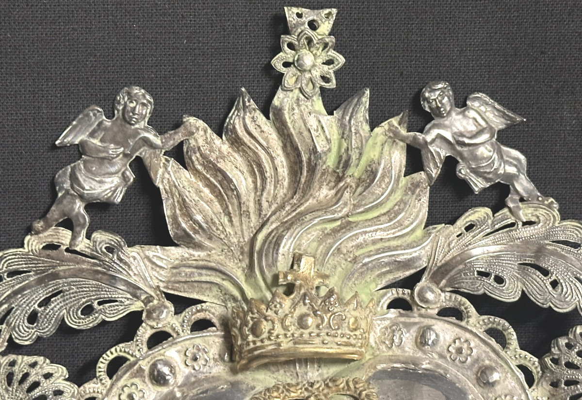 Grand EX VOTO cœur anges 24,6cm en argent non poinçonné amour Saint-Valentin-photo-3