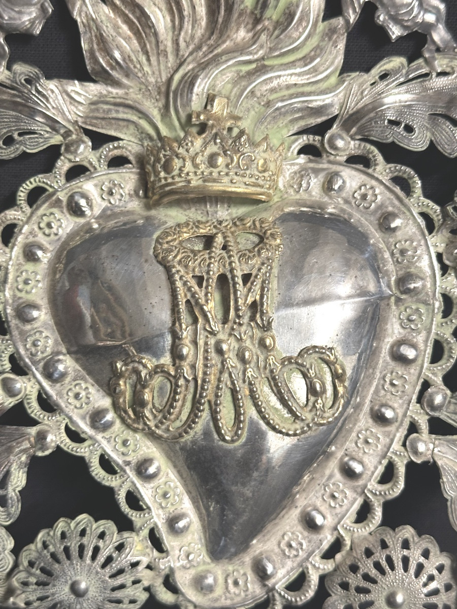 Grand EX VOTO cœur anges 24,6cm en argent non poinçonné amour Saint-Valentin-photo-4