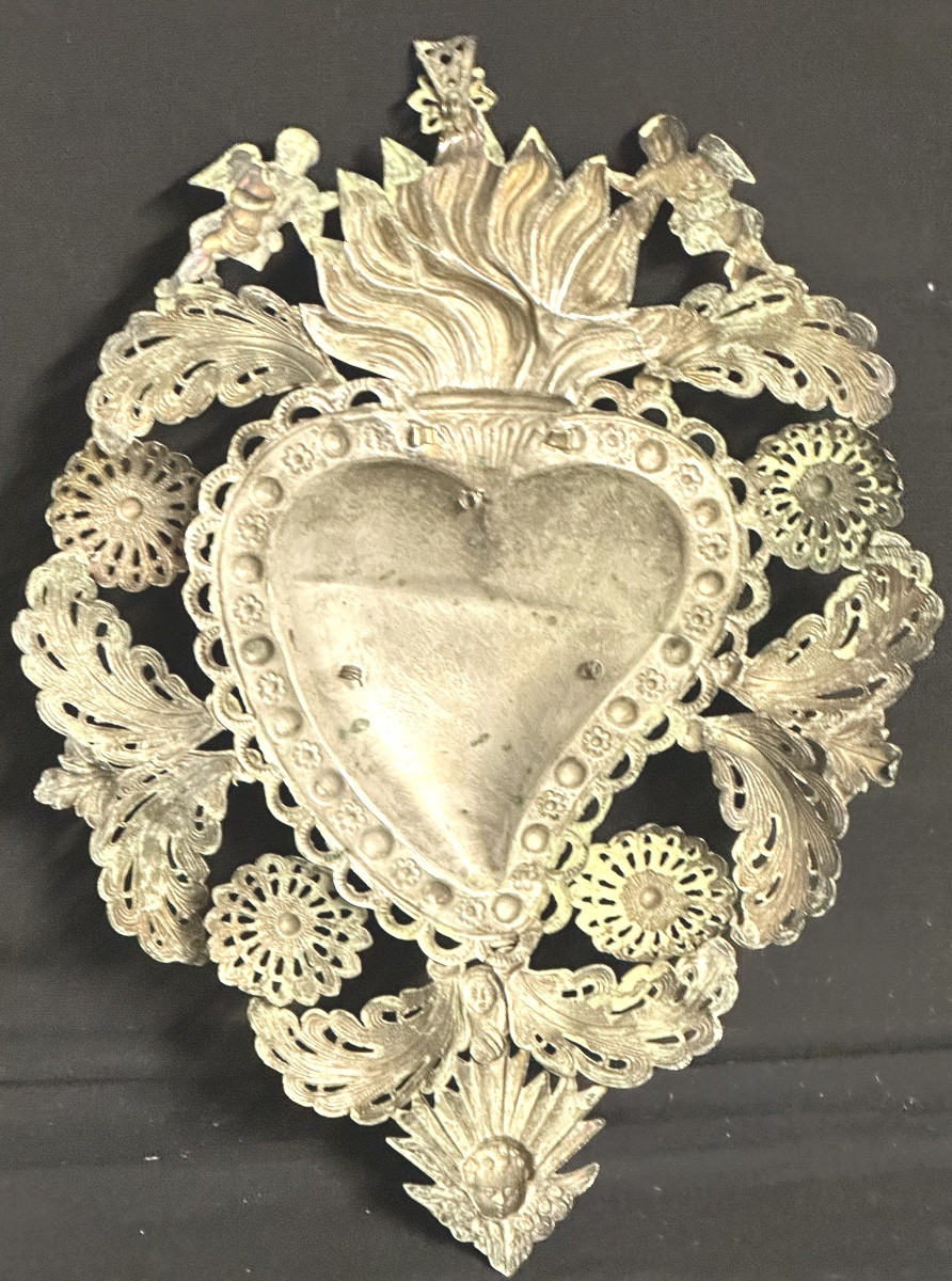 Grand EX VOTO cœur anges 24,6cm en argent non poinçonné amour Saint-Valentin-photo-3