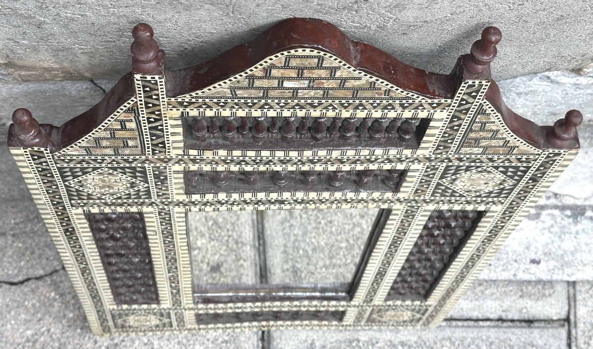 Large 69cm Mirror In Wood With Mother-of-pearl Inlays In Good Condition Syria -photo-3