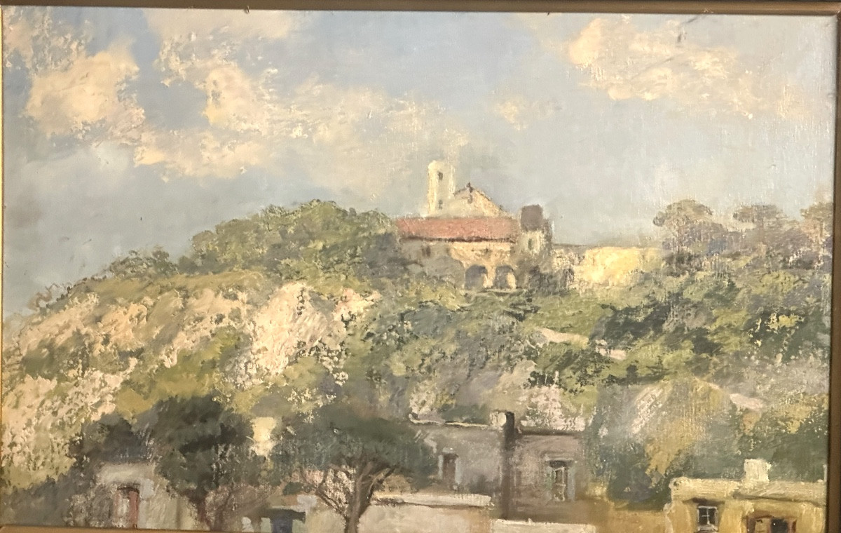 Huile Italie fin 19e signée E. CASOLI ? Paysage, avec village, surplombé par monastère Naples-photo-2