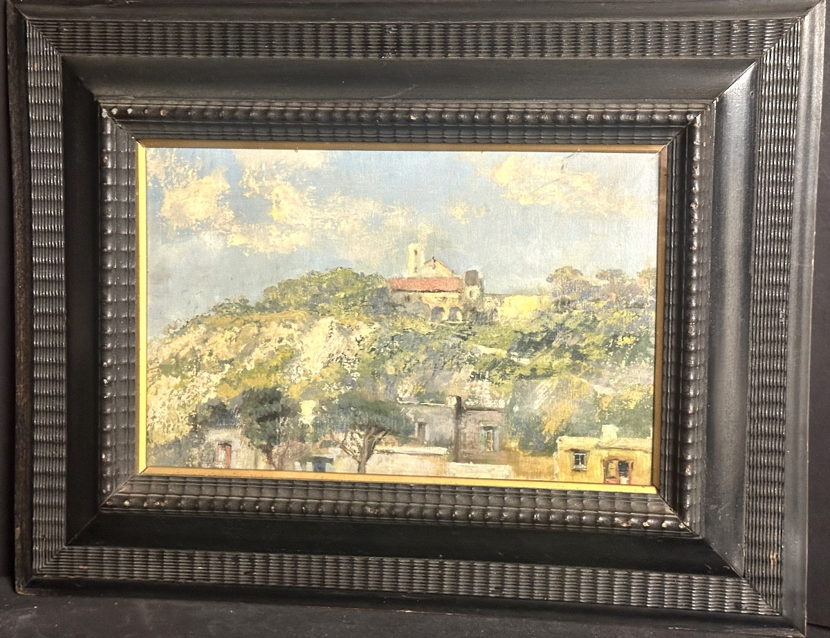 Huile Italie fin 19e signée E. CASOLI ? Paysage, avec village, surplombé par monastère Naples