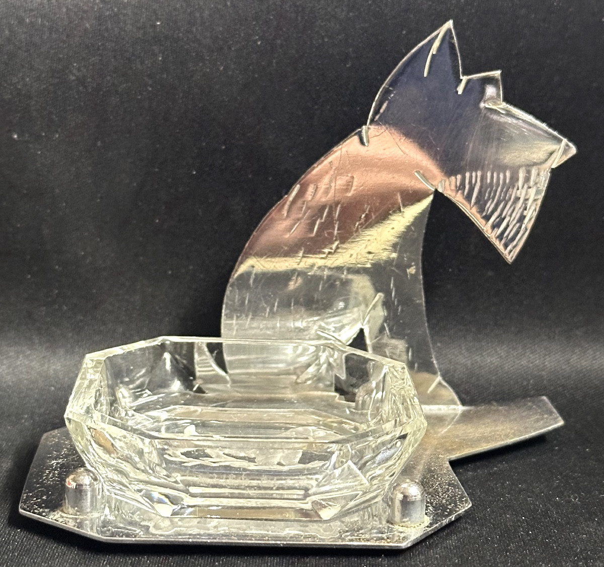 Fox terrier vide poche ravier Art Deco en métal chromé et verre gravé chien 1930-photo-2