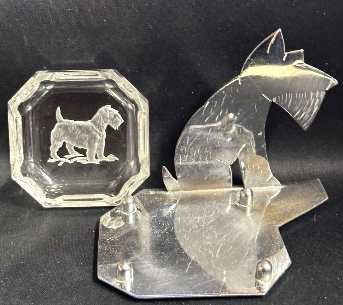 Fox terrier vide poche ravier Art Deco en métal chromé et verre gravé chien 1930-photo-3