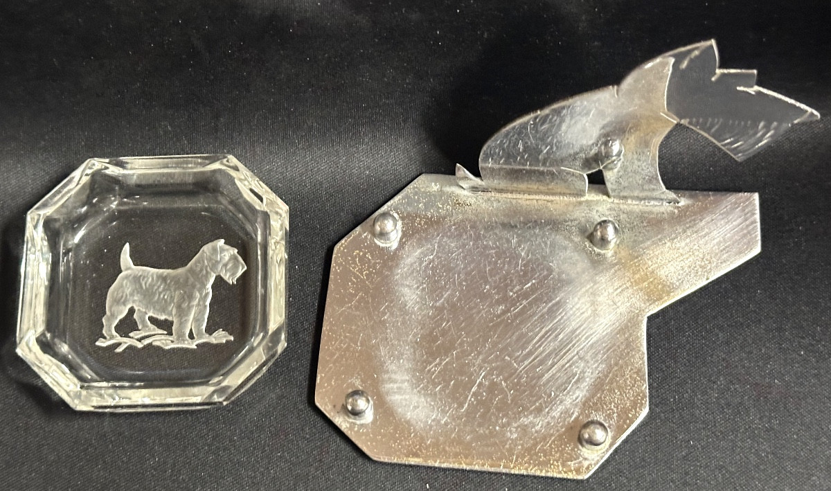 Fox terrier vide poche ravier Art Deco en métal chromé et verre gravé chien 1930-photo-2
