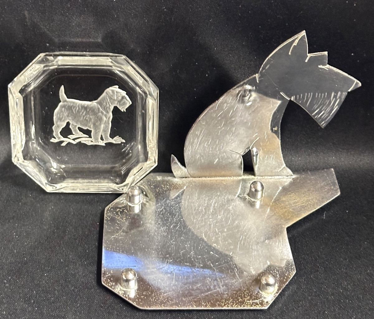 Fox terrier vide poche ravier Art Deco en métal chromé et verre gravé chien 1930-photo-4