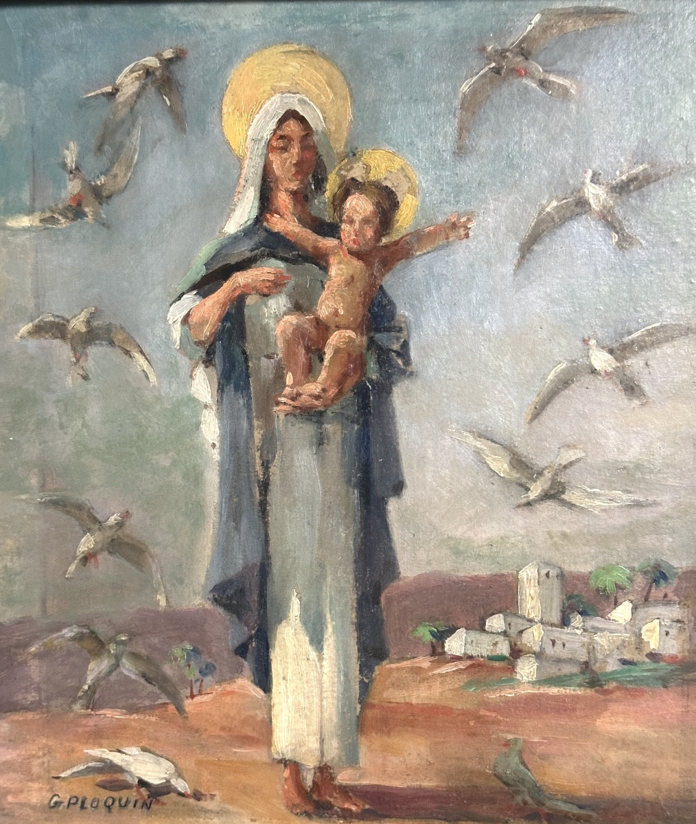 Gaston PLOQUIN 1882-1970 Lyon Huile Vierge à l’enfant et tourterelles Art Deco  vers 1930 -photo-2