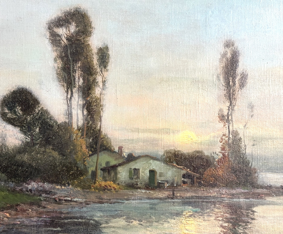 Pierre Jacques Pelletier 1869-1931 Fisherman's House At Sunset Oil -photo-2