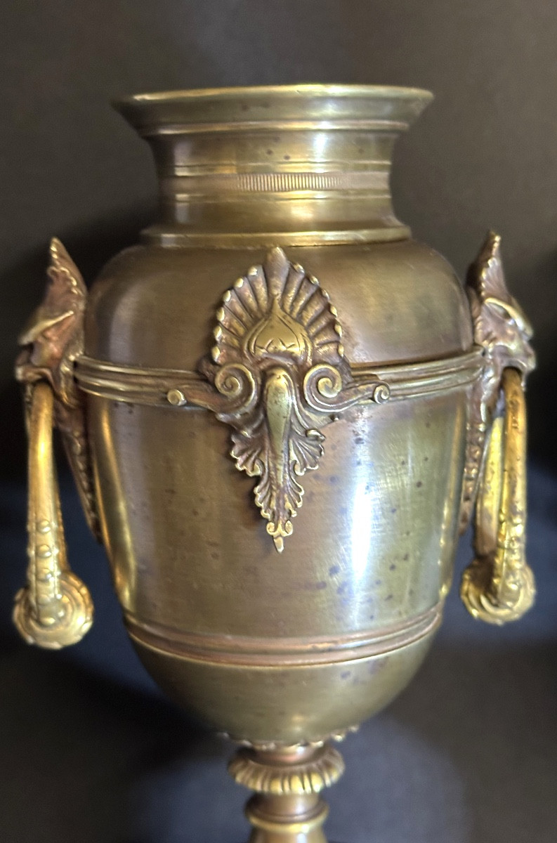 Paire de cassolettes XIXe en bronze et marbre 31 cm-photo-2